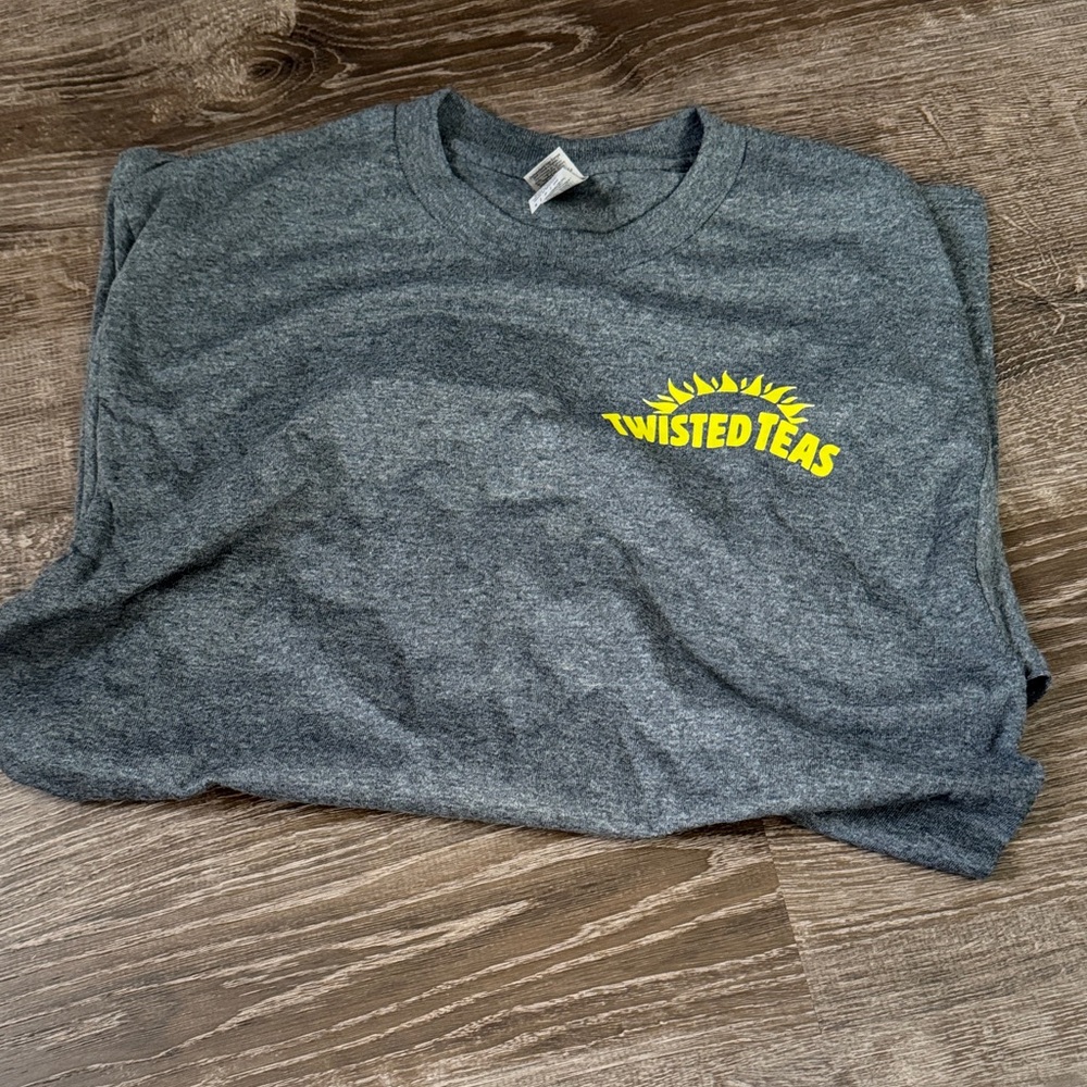 Twisted Gray Tee with Bold Yellow Print